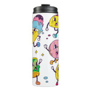 Set of food and drink in retro cartoon style illus thermal tumbler