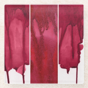 Set of red watercolor abstract hand painted glass coaster