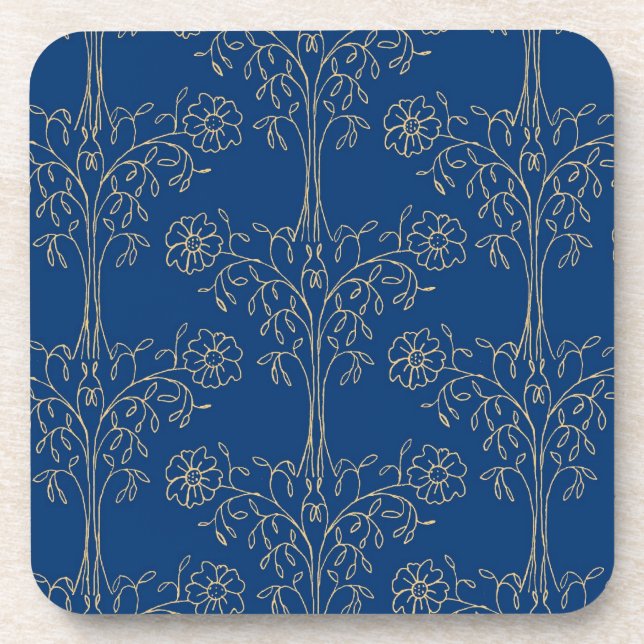 Set of Six Cork-backed Coasters, Blue Gold-effect Coaster (Front)