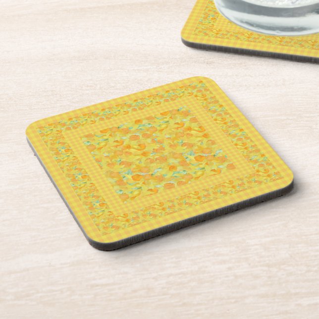 Set of Square Coasters, Daffodils, Check Gingham Coaster (Left Side)