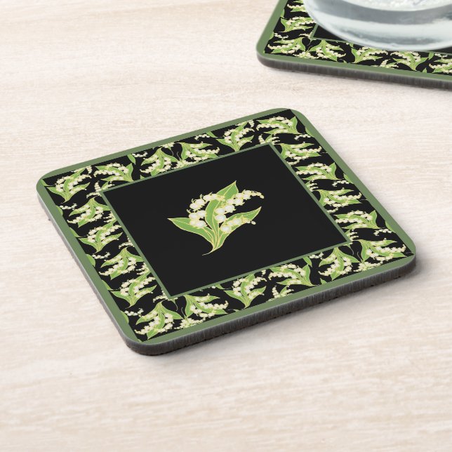 Set of Square Coasters: Lily of the Valley, Black Coaster (Left Side)