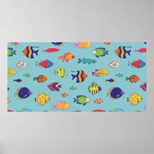 Set of tropical fish. line seamless pattern poster