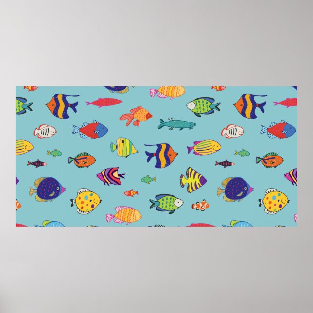 Set of tropical fish. line seamless pattern poster (Front)
