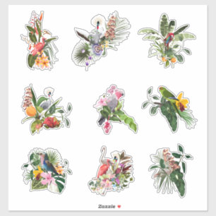 Set of tropical flowers, palm leaves and birds.