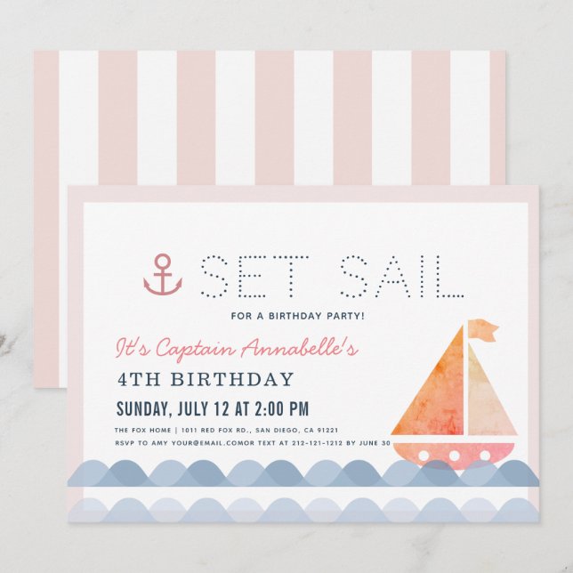 Set Sail Sailboat Nautical Pink Girl Birthday Invitation (Front/Back)