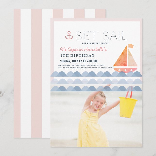 Set Sail Sailboat Pink Girl Birthday Photo Invitation (Front/Back)
