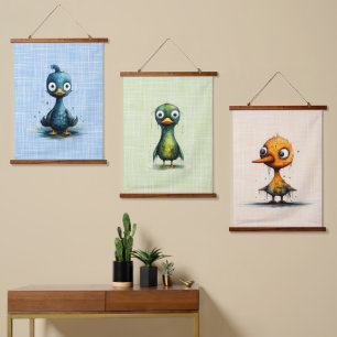 Setof Three Mad Birds Abstract Green Blue Yellow Hanging Tapestry