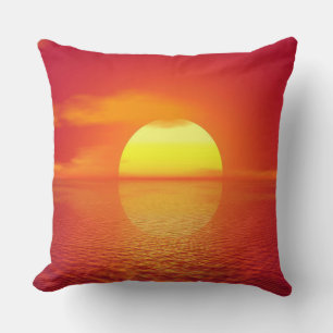 Setting Sun over Orange Sea Calm Ocean Sunset Cushion