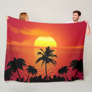 Setting Sun Red Tropics Palm Beach Fleece Blanket