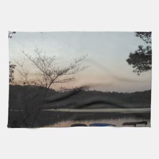 Setting Sun, Rising Moon  over  Lake Arrowhead Tea Towel