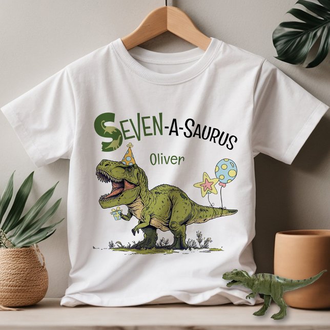 Seven-A-Saurus Dinosaur Custom Name 7th Birthday T-Shirt (Cute Seven-A-Saurus T-Rex dinosaur theme boy 7th birthday party guest of honor kids youth t-shirt)