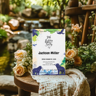 Seven and Soaring High 7th Birthday Navy and Lime Invitation