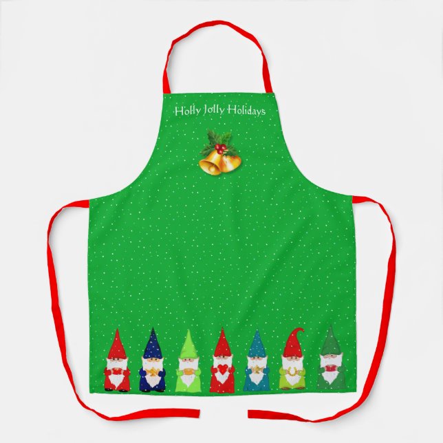 Seven Christmas Gnomes on Green Apron (Front)