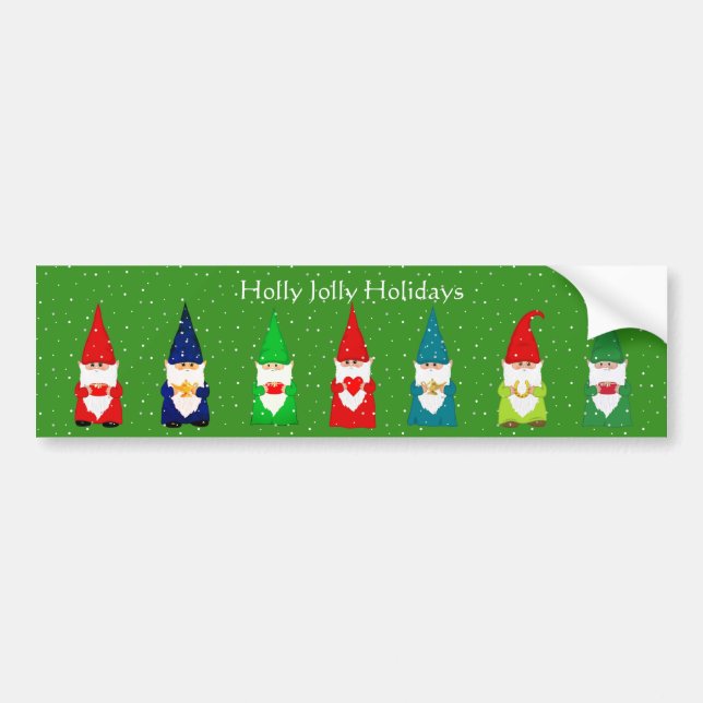 Seven Christmas Gnomes on Green Bumper Sticker (Front)