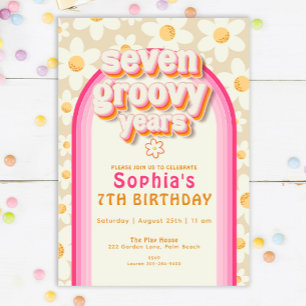 Seven Groovy Years Boho Daisy Rainbow Birthday Invitation