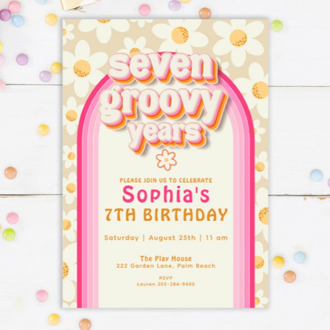 Seven Groovy Years Daisy Rainbow Birthday Invitati Invitation (Creator Uploaded)