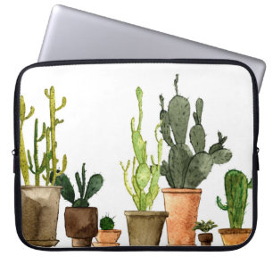 Seven hand drawn green watercolor cactus in brown  laptop sleeve