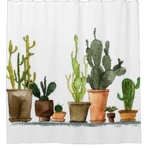 Seven hand drawn green watercolor cactus in brown shower curtain