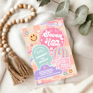 Seven Is A Vibe Cloud Rainbow Disco 7th Birthday Invitation