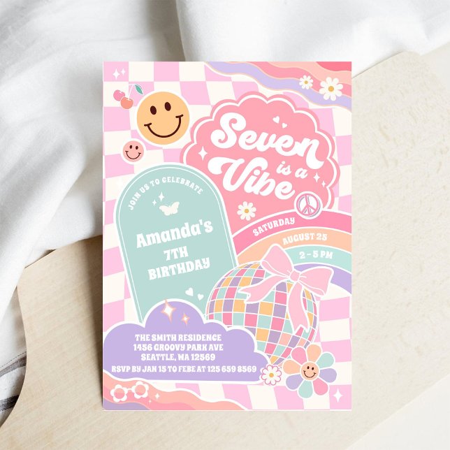 Seven Is A Vibe Cloud Rainbow Disco 7th Birthday  Invitation (Creator Uploaded)
