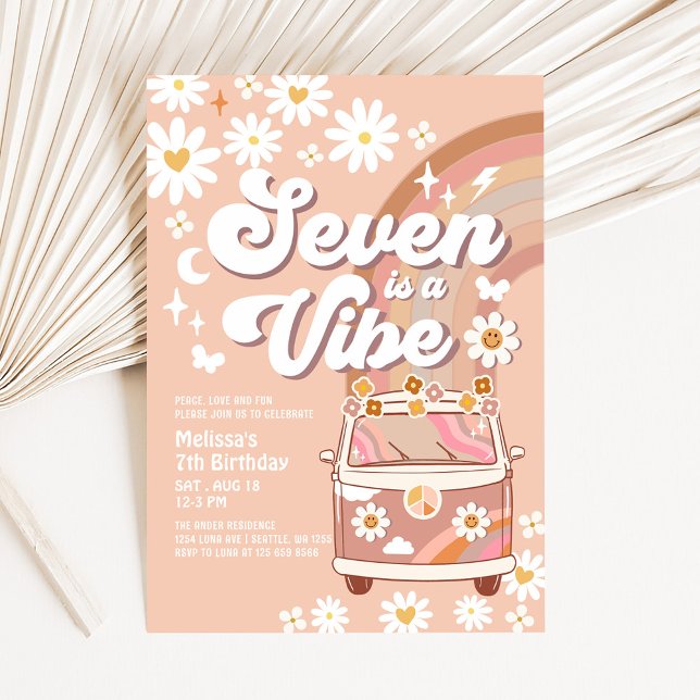 Seven is a Vibe Daisy Beige Cream Rainbow Birthday Invitation (Creator Uploaded)