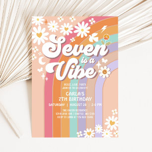 SEVEN is a Vibe Daisy Rainbow Hippie 7th Birthday Invitation