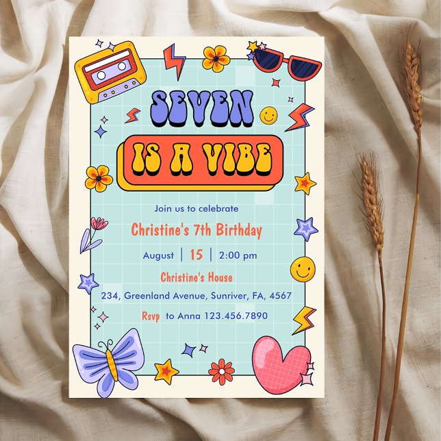 Seven Is A Vibe Groovy Hippie 7th Birthday Party  Invitation (Creator Uploaded)