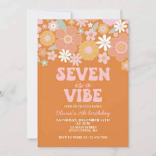 Seven is a vibe Groovy Retro Floral 7th birthday Invitation
