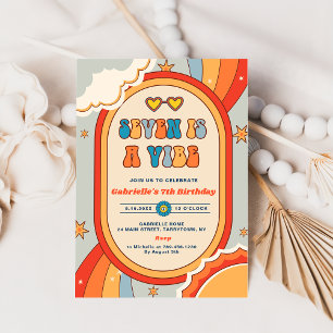 Seven Is A Vibe Groovy Retro Rainbow 7th Birthday Invitation