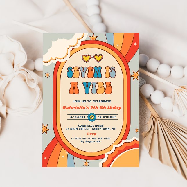 Seven Is A Vibe Groovy Retro Rainbow 7th Birthday  Invitation (Creator Uploaded)