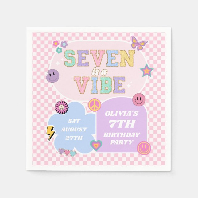 Seven Is A Vibe Preppy Patch 7th Birthday Party Napkin (Front)