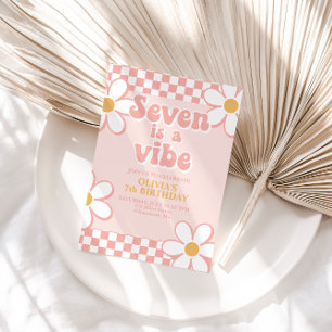 Seven is a Vibe Retro Check Pink Daisy Invitation