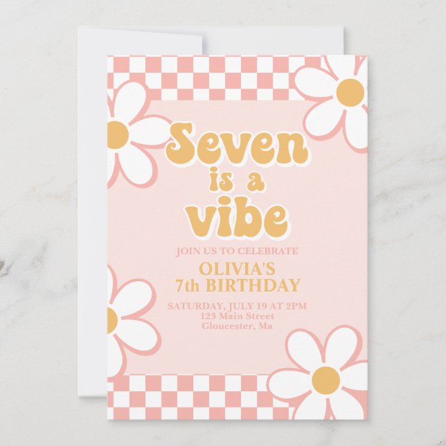 Seven is a Vibe Retro Check Pink Daisy Invitation (Front)