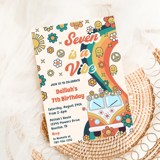 Seven Is A Vibe Retro Floral 7th Birthday Party Invitation (Creator Uploaded)