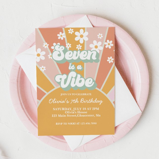 Seven is a Vibe Retro Sunshine daisy boho floral Invitation (Creator Uploaded)