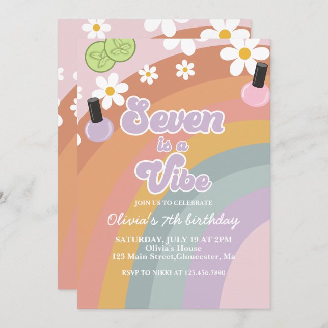 Seven is a vibe Spa Rainbow 7th Birthday Invitation (Front/Back)