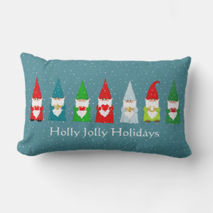 Seven Lucky Christmas Gnomes on Sapphire Blue Lumbar Cushion
