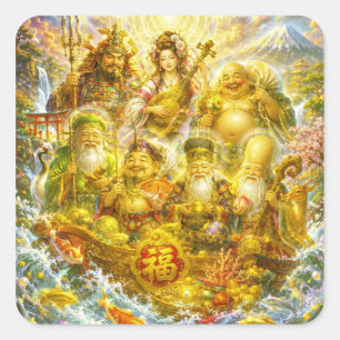 Seven Lucky Gods -Japanese Gods- colorful art Square Sticker