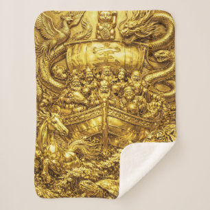 Seven Lucky Gods -Japanese Gods- Golden shine Sherpa Blanket