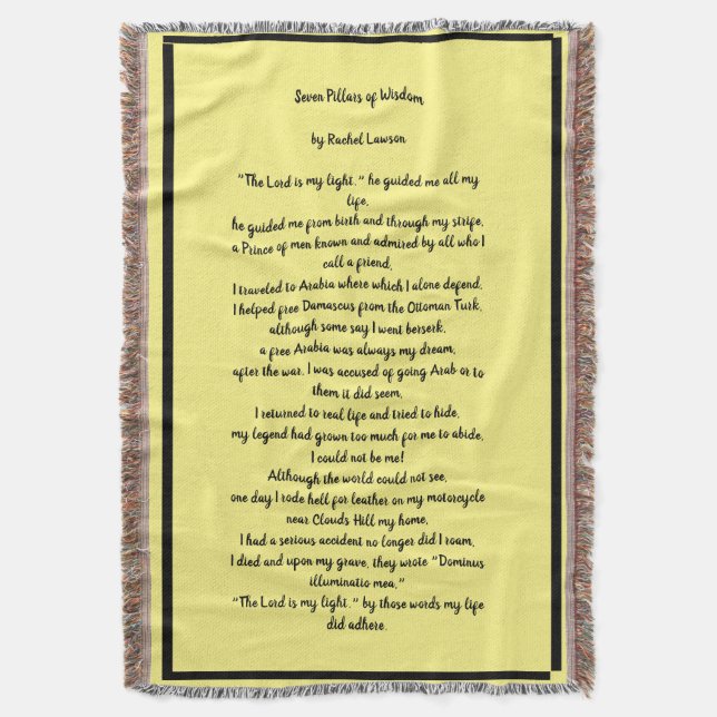 Seven Pillars of Wisdom , a poem on a Throw Blanket (Front Vertical)