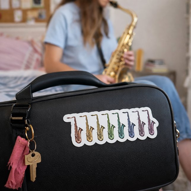 Seven Rainbow Saxophones Colourful Instruments (A die cut sticker of rainbow saxophones.)
