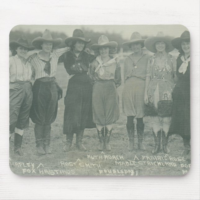 Seven rodeo cowgirls posing for a photograph. mouse pad (Front)