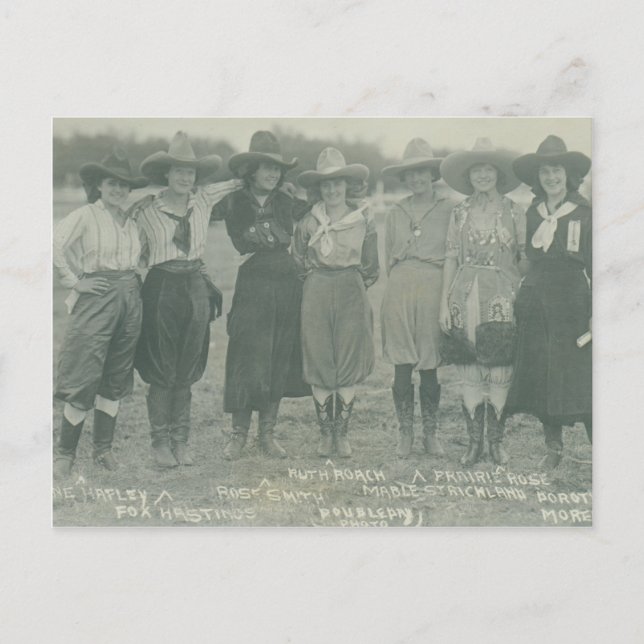 Seven rodeo cowgirls posing for a photograph. postcard (Front)