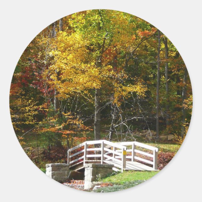 Seven Springs Fall Bridge I Autumn Landscape Classic Round Sticker (Front)