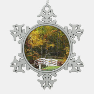 Seven Springs Fall Bridge I Autumn Landscape Snowflake Pewter Christmas Ornament