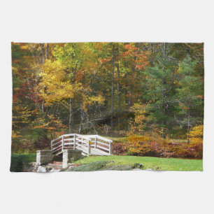 Seven Springs Fall Bridge I Autumn Landscape Tea Towel