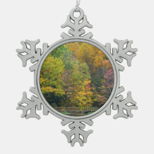 Seven Springs Fall Bridge II Autumn Landscape Snowflake Pewter Christmas Ornament