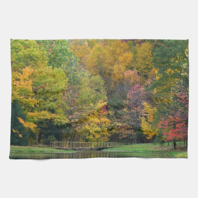 Seven Springs Fall Bridge II Autumn Landscape Tea Towel (Horizontal)