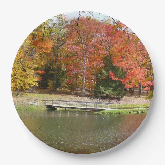 Seven Springs Fall Bridge III Autumn Landscape Paper Plate (Front)