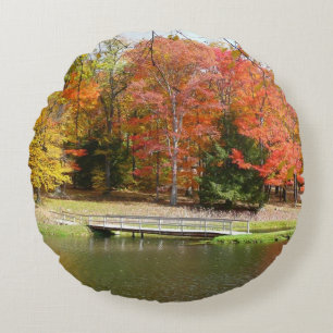 Seven Springs Fall Bridge III Autumn Landscape Round Cushion